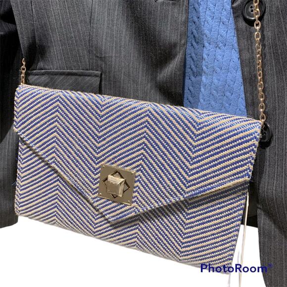 Urban Expression Blue/cream herringbone Clutch with gold chain strap vegan, NWT - Picture 1 of 12